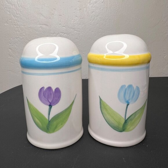 Mervyns 1998 Hand-Painted Tulip Ceramic Salt & Pepper Shakers Blue & Yellow - Picture 4 of 10